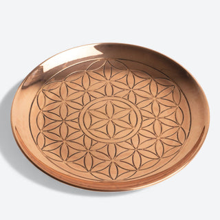 round copper plate with flower of life engraving - deva loves