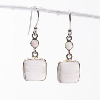 Zilveren Oorbellen met Seleniet & Maansteen | vierkant